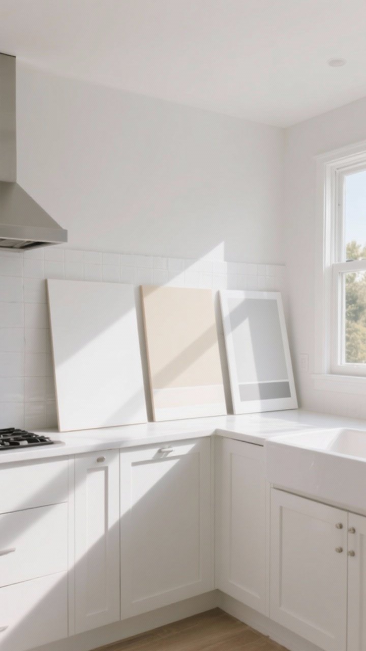 A wide shot of a white kitchen focused on paint undertones and testing: three large poster-board paint samples leaned against the backsplash—one clean neutral white, one warm creamy white, one soft white with a faint gray—each catching different daylight from a south-facing window. Matte white cabinets and light counters provide context. The scene is minimalist, with natural daylight shifting across the samples, straight-on composition.
