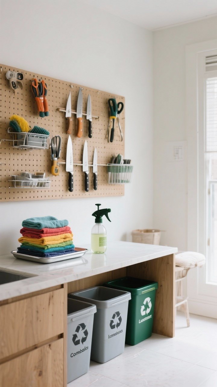 A wide shot of a zero-waste(ish) cleanup zone: wall-mounted pegboard with neatly arranged tools and a magnetic knife strip, color-coded cloths stacked on a stainless/enamel tray, a rechargeable pressure sprayer filled with diluted eco-friendly soap, and a sort-as-you-go station with clearly labeled bins for recycling, compost, and landfill; organized, low-effort aesthetic in even natural light