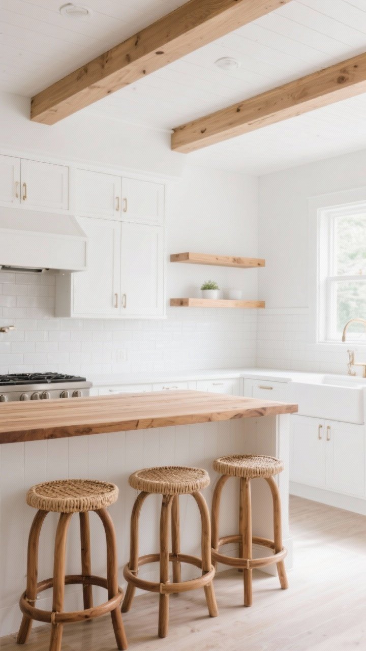 A wide shot of an all-white kitchen warmed by wood accents: white cabinets and backsplash with two floating white oak shelves styled simply, a butcher block island top, and a trio of curved wood barstools with woven seats. Add shallow white oak ceiling beams for subtle architecture. Keep wood tones consistent (one or two max). Bright natural daylight, clean and inviting. No people.