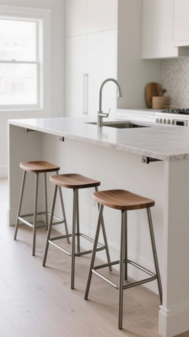 A wide, straight-on shot of a compact modern kitchen island with a 10–12 inch countertop overhang in matte quartz, low-profile metal brackets tucked beneath, and three backless narrow-footprint stools (16–18 inches wide) slid fully under to keep walkways at 36–42 inches clear; soft daylight, clean lines, satin scuff-resistant painted base, minimal visual clutter, counter height stools at 24–26 inches, subtle wood and matte metal mix for a functional, airy feel.