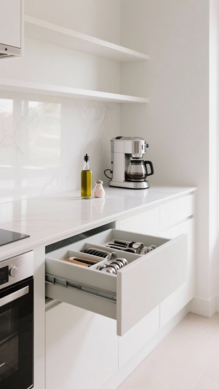 A wide, straight-on shot of a freshly decluttered minimalist kitchen with clear counters holding only a sleek coffee maker, a small bottle of olive oil, and a pinch pot of salt; drawers slightly open to reveal zoned organization (everyday tools neatly arranged in the top drawer, specialty tools in a lower drawer), with ample empty space on white countertops and shelves to convey luxury through negative space, soft natural daylight, no visual clutter, photorealistic.
