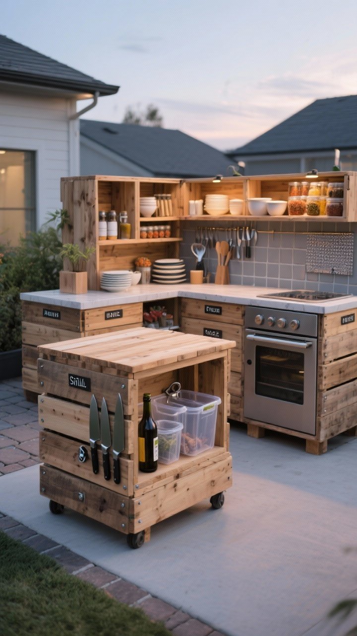 A wide, straight-on shot of a modular outdoor starter kitchen made from stacked weatherproof wooden crates forming an L-shape on a flat patio, screwed together for stability; topped with sealed plank counters and a section of paver slabs; zones labeled for prep, grill tools, spices, dishes, and bar; magnetic strips inside a crate hold knives and a bottle opener; clear bins keep contents tidy; soft evening light with organized, modern-casual vibe.