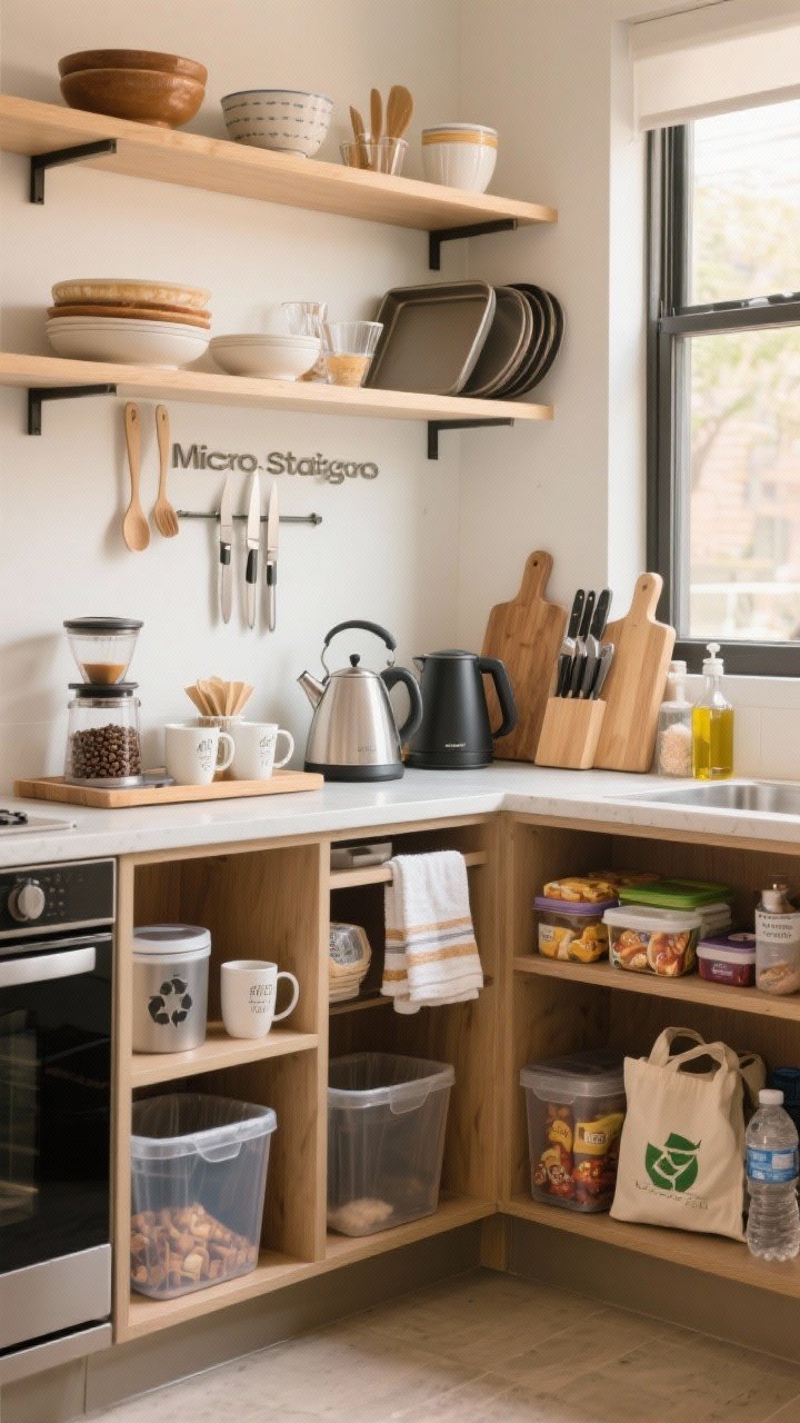 A wide, straight-on shot showing micro-stations across a small kitchen: a coffee/tea station with mugs, beans, filters, kettle, sweeteners, and a tiny bin; a prep zone with knives, cutting boards, towels, a countertop compost bin, salt and oil; a higher shelf baking station with bowls, sheet pans, spatulas, measuring cups; and a grab-and-go nook with snacks, lunch containers, water bottles, and reusable bags. Clear zoning, tidy bins, and strategic placement with warm natural daylight for a calm, efficient mood.