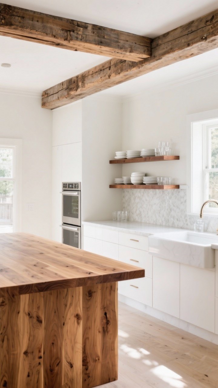 A wide, straight-on view of a bright white kitchen anchored by warm wood details: a butcher-block island top in natural oak paired with white perimeter quartz counters, floating open shelves in walnut displaying simple white plates and clear glasses, and a subtle reclaimed wood beam across the ceiling; soft, neutral daylight with gentle shadows; wood tones kept natural and non-orange; serene, collected European feel.