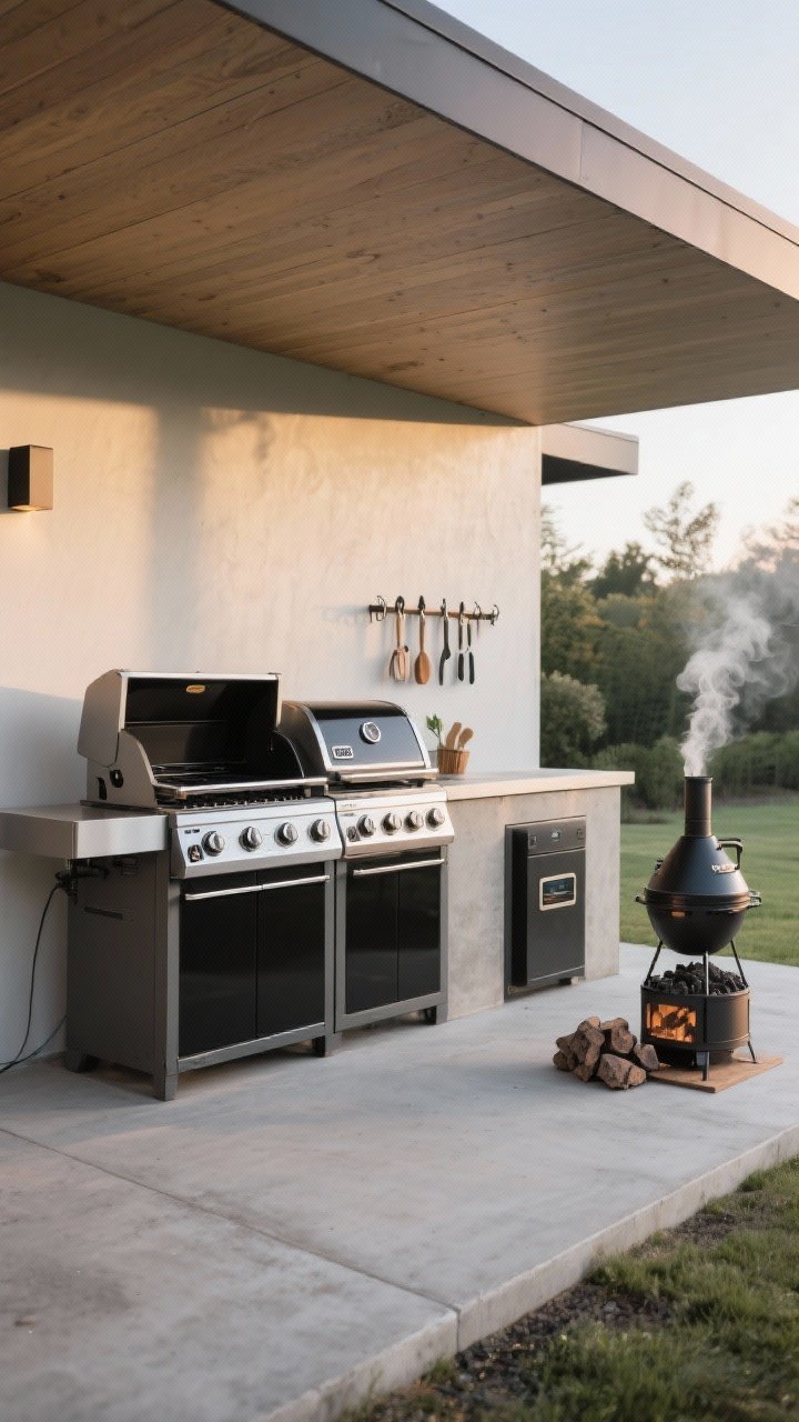 A wide, straight-on view of an eco-friendly cook station featuring a sleek infrared/electric grill and a high-efficiency gas grill side-by-side, with a compact pellet grill and a small rocket stove on a concrete slab; a chimney starter with sustainably sourced lump charcoal nearby; clean lines, minimal smoke in the air, and organized tool hooks, shot in early evening natural light