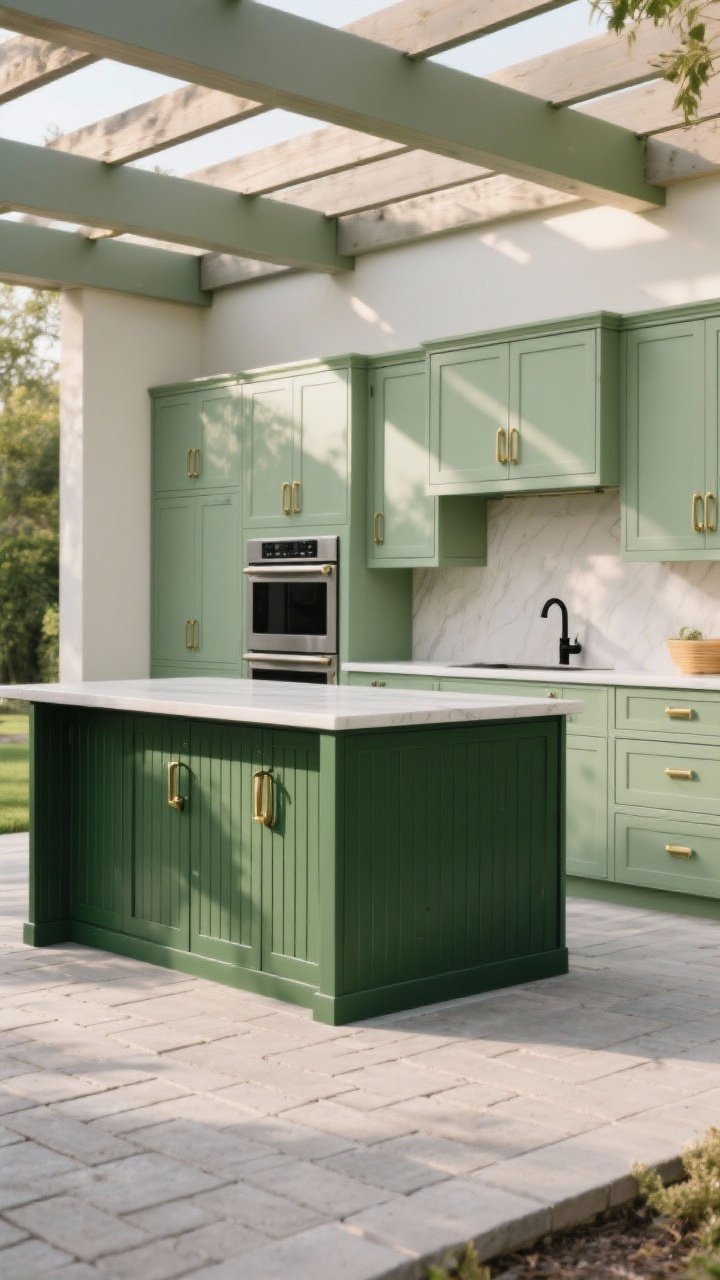 A wide, straight-on view of an outdoor kitchen with all-in green cabinetry: powder-coated aluminum cabinets in soft sage with matte finish and subtle shaker profiles, accented by a dramatic forest green island featuring ribbed fronts. Hardware mix of brushed brass on the sage run and matte black pulls on the darker island. Concrete pavers underfoot, pergola overhead, neutral backdrop. Soft late-afternoon sunlight glancing across the matte surfaces to minimize glare.
