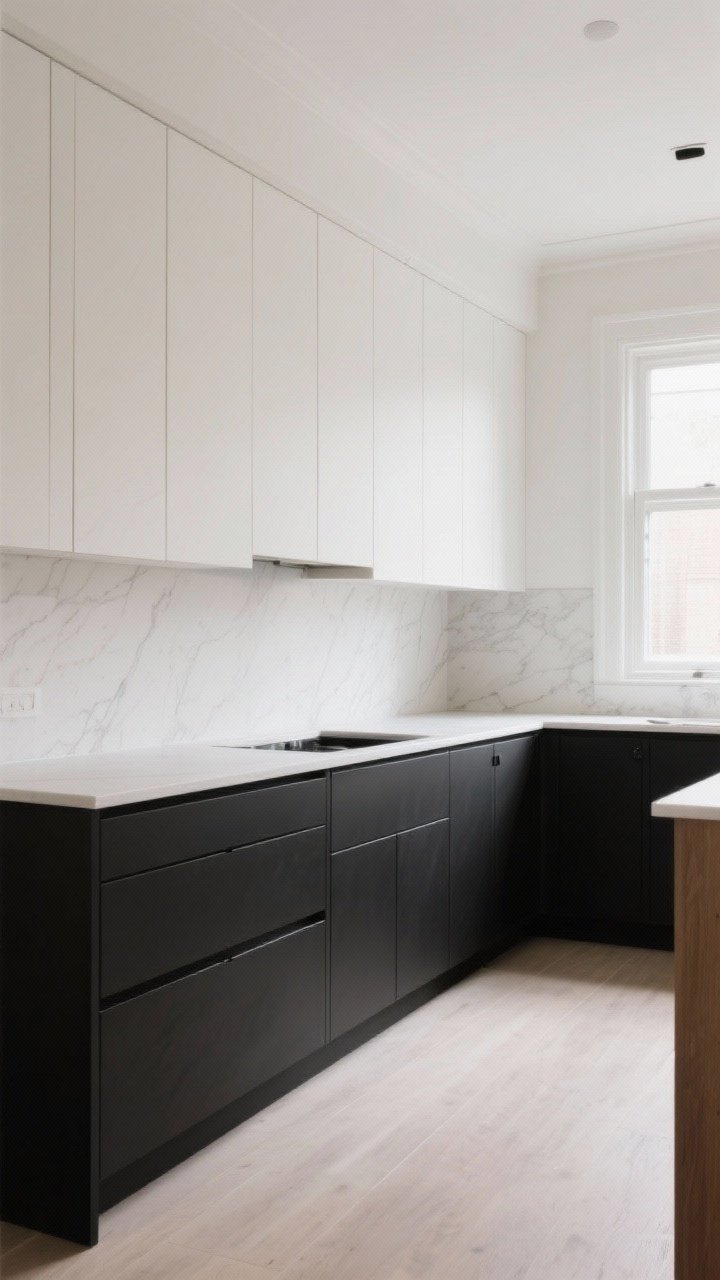 A wide, straight-on view of two-tone cabinetry: black lower cabinets with clean lines and a continuous black toe kick and end panels, paired with neutral white uppers (think Swiss Coffee/Simply White vibe) to keep the space bright; a solid or lightly veined countertop bridging both colors; minimal styling, balanced light from a large window; photorealistic, modern yet classic feel.