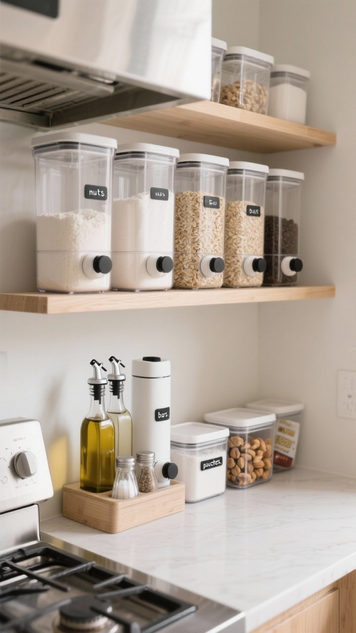 An overhead, detail shot of a decanted pantry zone on a slim shelf: clear, stackable, airtight containers holding flour, sugar, oats, and coffee; minimal black-and-white labels; matching dispensers for oil, salt, and pepper near the stove; and a snack bin system labeled “nuts,” “bars,” and “pouches.” Uniform containers create a clean visual rhythm against a light wood shelf, with soft daylight highlighting clarity and order.