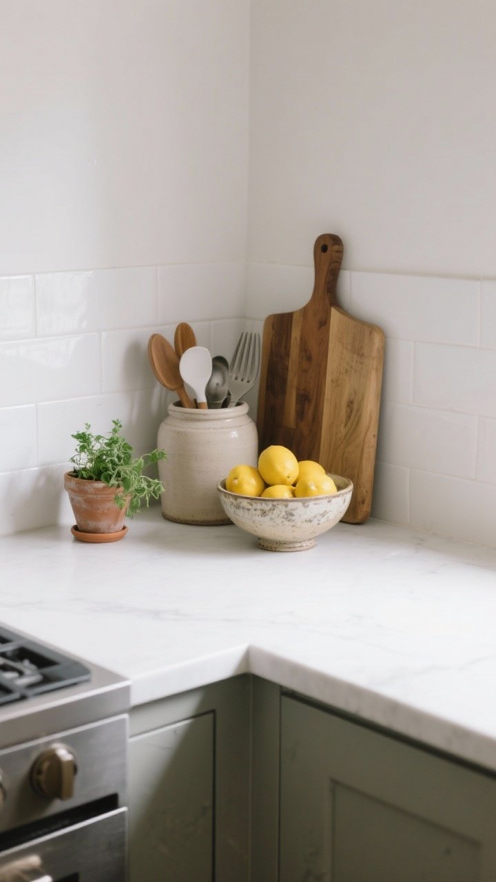 An overhead detail shot of a styled white countertop corner: a wooden cutting board leaned against a white backsplash, a ceramic crock with essential utensils, a vintage bowl filled with lemons, and a small potted herb plant. Surrounding space left clean to emphasize minimal, edited styling. Soft daylight, subtle shadows, photorealistic, no people.