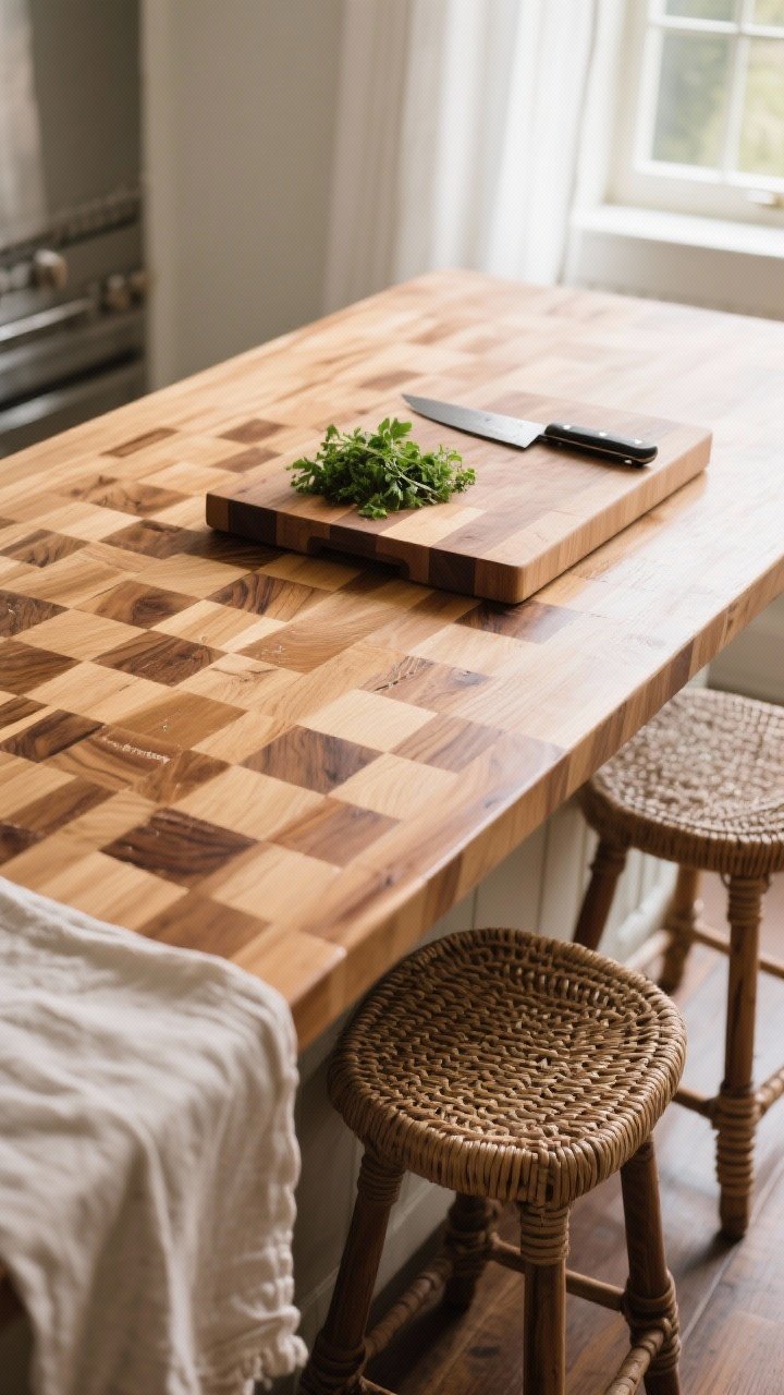 An overhead detail shot of a thick end-grain butcher block island top in maple with visible checkerboard pattern; freshly oiled sheen (food-safe mineral oil) with subtle knife marks and sanded-out repairs; a linen runner partially draped at one edge, woven stools tucked nearby, a small pile of chopped herbs and a chef’s knife on a cutting board; natural window light emphasizing grain and texture.