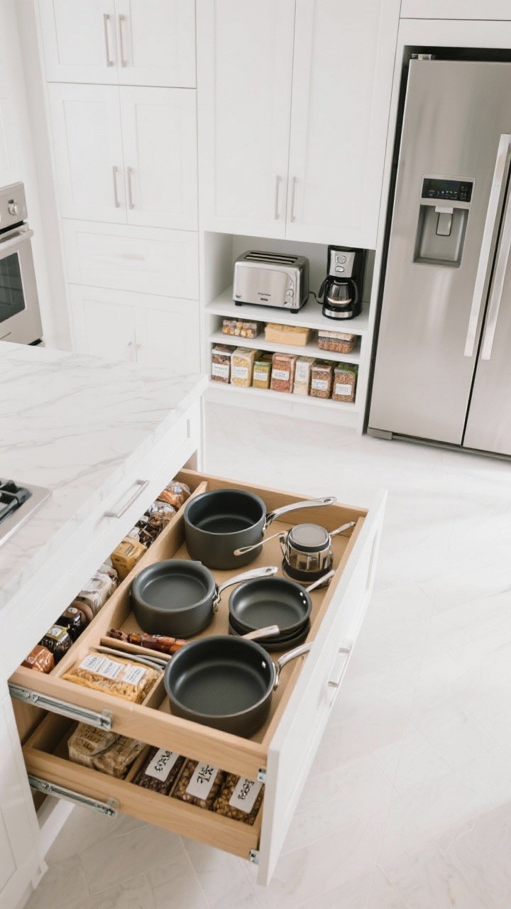 An overhead detail shot of smart storage in action: a deep drawer neatly organized with pots and pans, a pull-out pantry extended with labeled dry goods, and an appliance garage door slid up to hide a toaster and coffee maker. Cabinet fronts are white with integrated panels on a nearby fridge for a seamless look. Bright, even lighting, crisp and clutter-free.