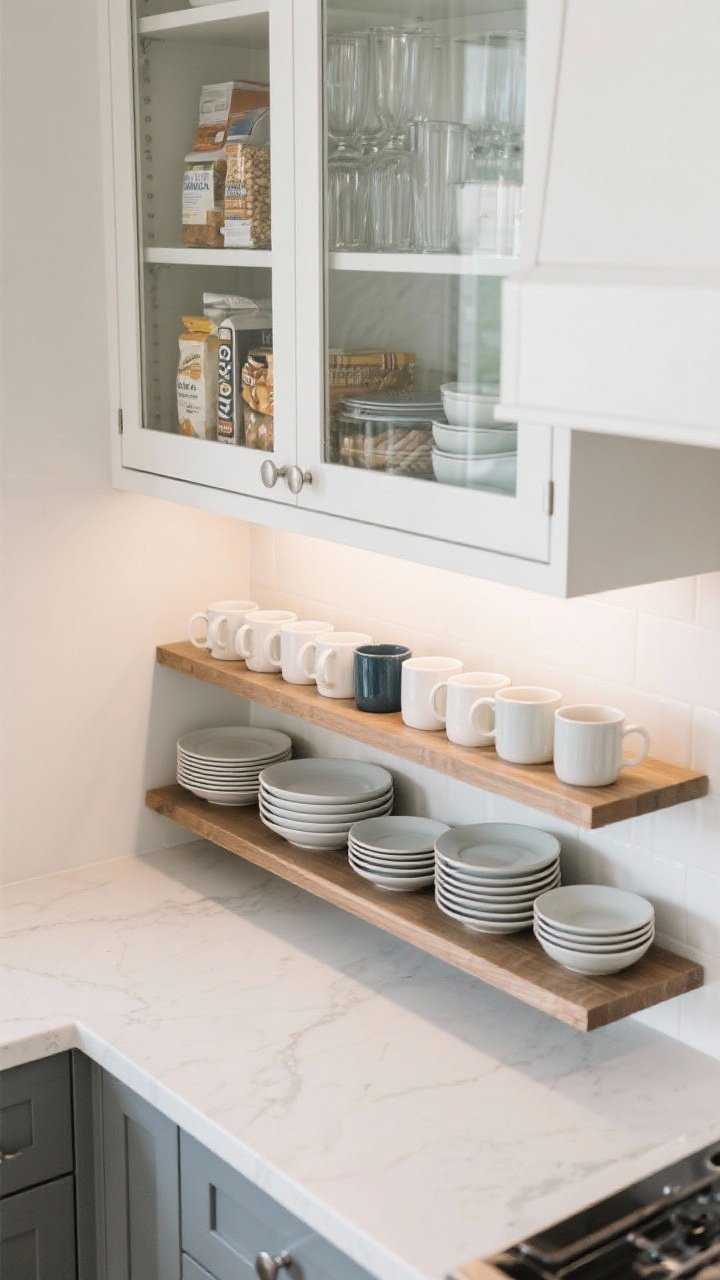 An overhead detail shot of storage math on a countertop staging area: two open shelves laden with 8–12 mugs, 12 plates, and 8 bowls arranged for daily grab-and-go; a nearby 36-inch upper cabinet open to reveal deep vertical storage with tall glasses, pantry goods, and rarely used bakeware; a glass-front upper as the middle ground; crisp, bright lighting to read capacities