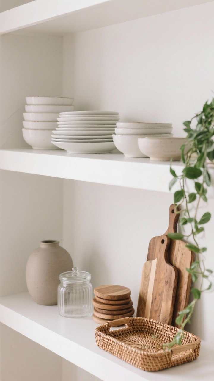 An overhead detail shot of two white oak open shelves styled minimally against a white wall: neatly stacked everyday white dishes, neutral stoneware bowls, a matte ceramic vase, clear glass canisters, a small stack of wood cutting boards, a woven tray, and a trailing green plant. Controlled palette of white, clear glass, warm wood, and fresh green, with soft natural light. No people.