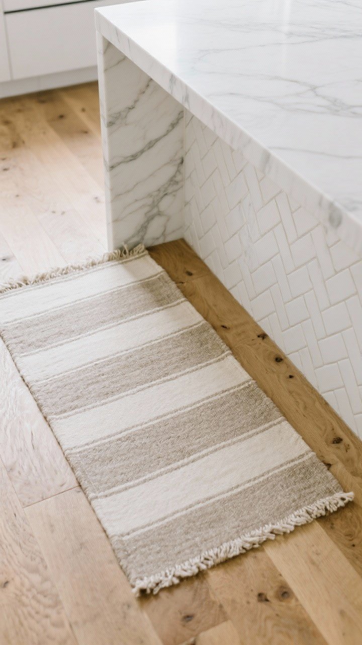 An overhead detail shot showcasing subtle pattern: a neutral striped flatweave runner on light oak floors beside a white waterfall island with gently veined stone, and a hint of matte white herringbone tile backsplash at the edge of frame. Tone-on-tone palette, soft daylight, quiet organic lines and textures, no people.