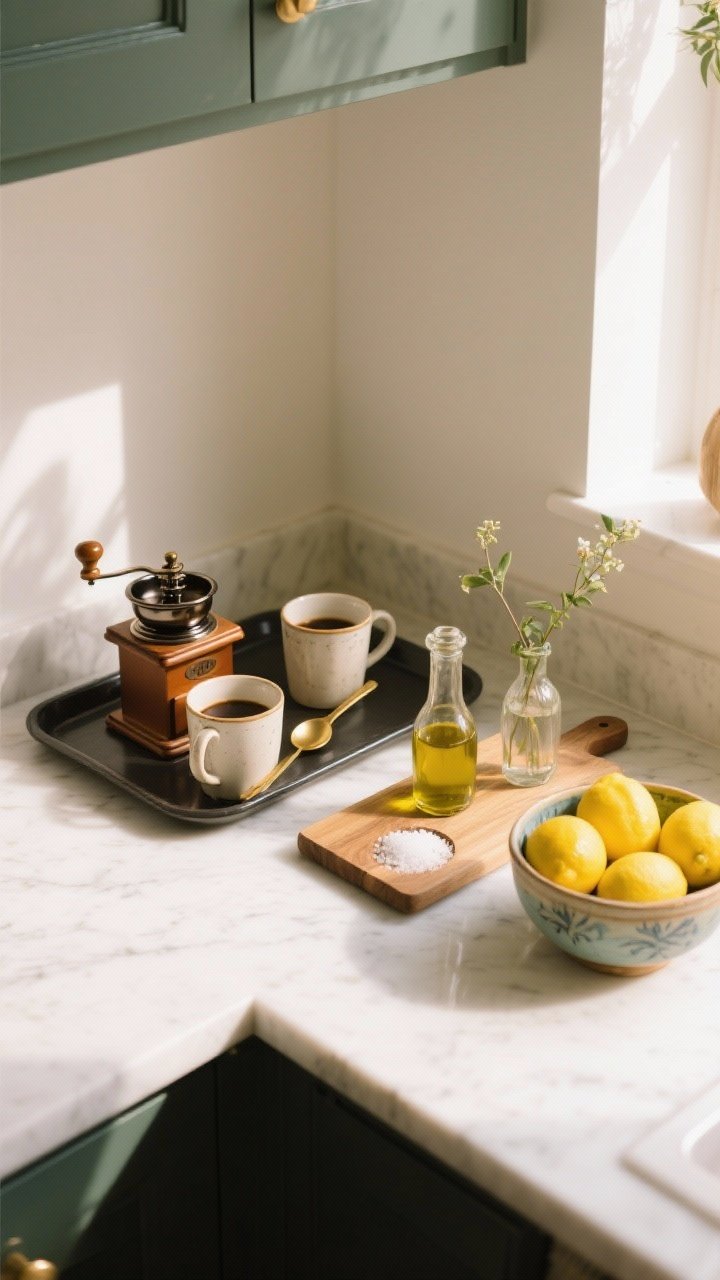 An overhead detail shot styled like a European bistro ritual: a tray-based coffee corner with a manual grinder, ceramic mugs, and a small brass spoon; a wooden board set with olive oil, sea salt, and a tiny bud vase; a ceramic bowl of lemons popping against a white quartz counter; warm morning light from the side, clean and intentional without clutter.
