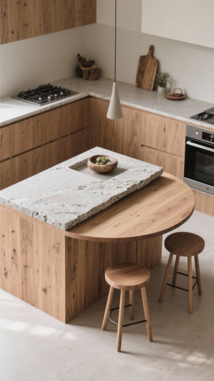 An overhead shot of an island + dining table hybrid in a compact kitchen: stone slab for the prep area transitioning to a rounded wood dining extension; contrasting materials clearly defining zones; two backless stools fully tucked under the wood side and a third set off to the side; soft edges for ease of movement; calm neutrals with warm wood; diffused daylight across both surfaces