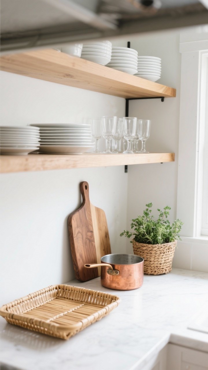 An overhead styling shot of open shelving: top shelf with neatly stacked white plates and clear glasses (daily workhorses), lower shelf with a warm wood cutting board, a bamboo tray, a small woven basket, a single copper pot for shine, and a potted herb adding greenery; clean 70/30 practical-to-decor balance, bright natural light, photorealistic