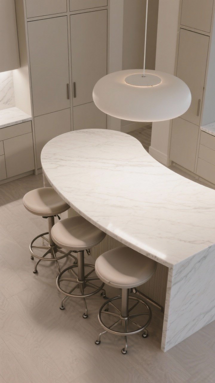 An overhead/three-quarter detail shot of an island with a rounded, kidney-shaped end sized for three stools along a 48–54 inch radius arc; swivel stools for easy access, softly curved quartz edge, rounded pendant above echoing the curve, safer edges for tight traffic flow, gentle daylight emphasizing the ergonomic, squeeze-friendly shape against boxy cabinetry.