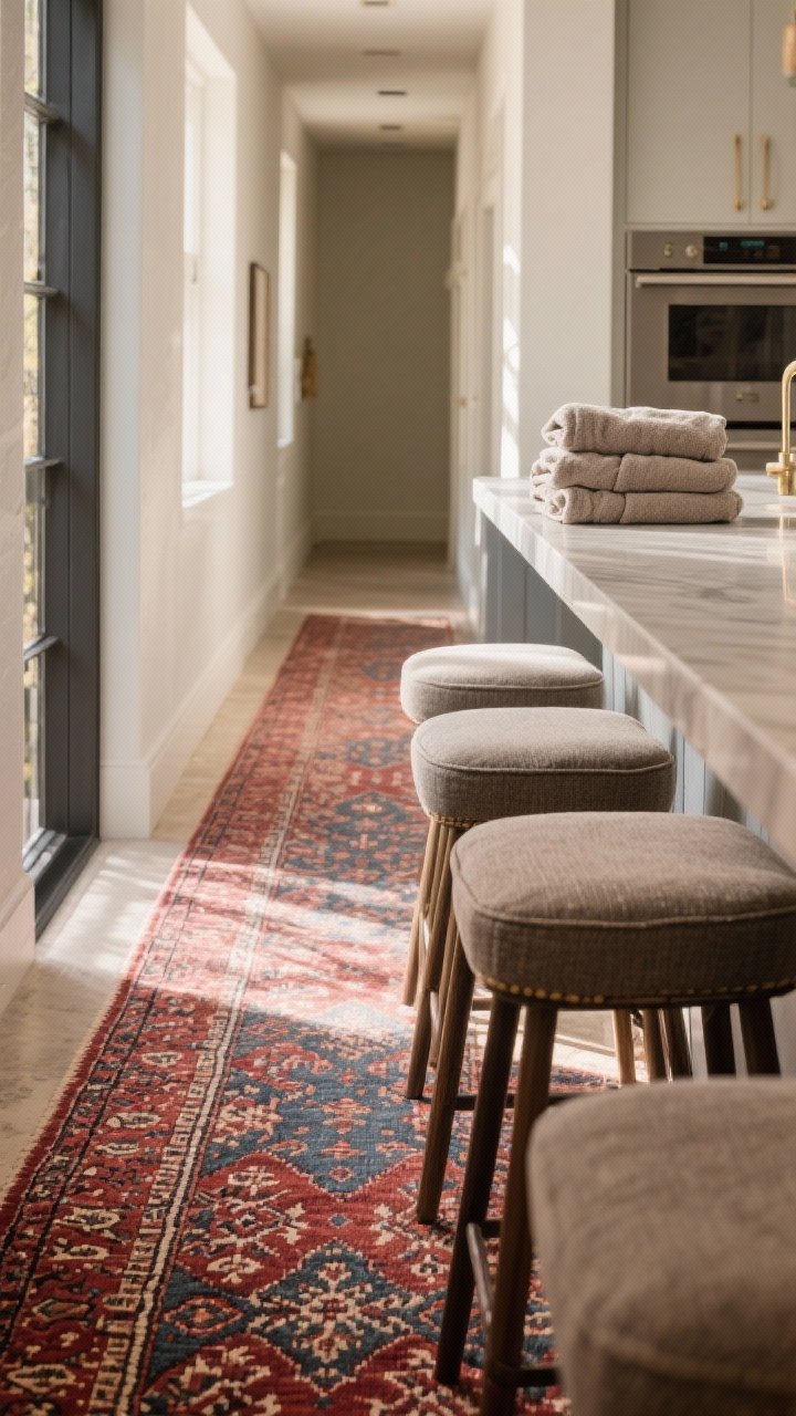 Angled corridor view of kitchen textiles: a washable Turkish-pattern runner in muted reds and indigos grounding the floor, thick neutral beige-gray towels neatly folded on a bar (no text), and seat cushions in a performance fabric on counter stools; all textiles in the same color family for cohesion; warm morning light, subtle texture details visible, photorealistic.