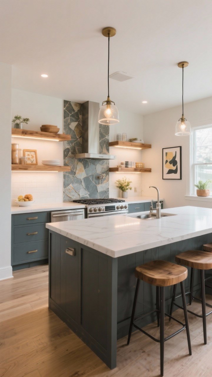 Bright, encouraging wide shot summarizing the look: a fresh kitchen blending two or three chosen upgrades without a full remodel—warmer wood accents (floating shelves), upgraded layered lighting (pendants and under-cabinet LEDs), and a splashy stone slab backsplash. Keep the scene functional and personal with a small art moment and tidy counters. Photorealistic, inviting, and achievable.