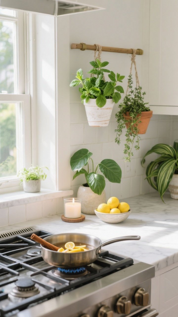 Bright, fresh detail shot near a sunny kitchen window: herb rail mounted with hanging pots of basil, mint, and thyme; on the counter, a vignette with a leafy plant, a candle, and a small bowl of lemons for color; a small saucepan on the back burner with citrus peels and a cinnamon stick simmering for fresh scent; clean, natural light highlighting greenery; low-maintenance plants (pothos or snake plant) visible in the periphery for added life.