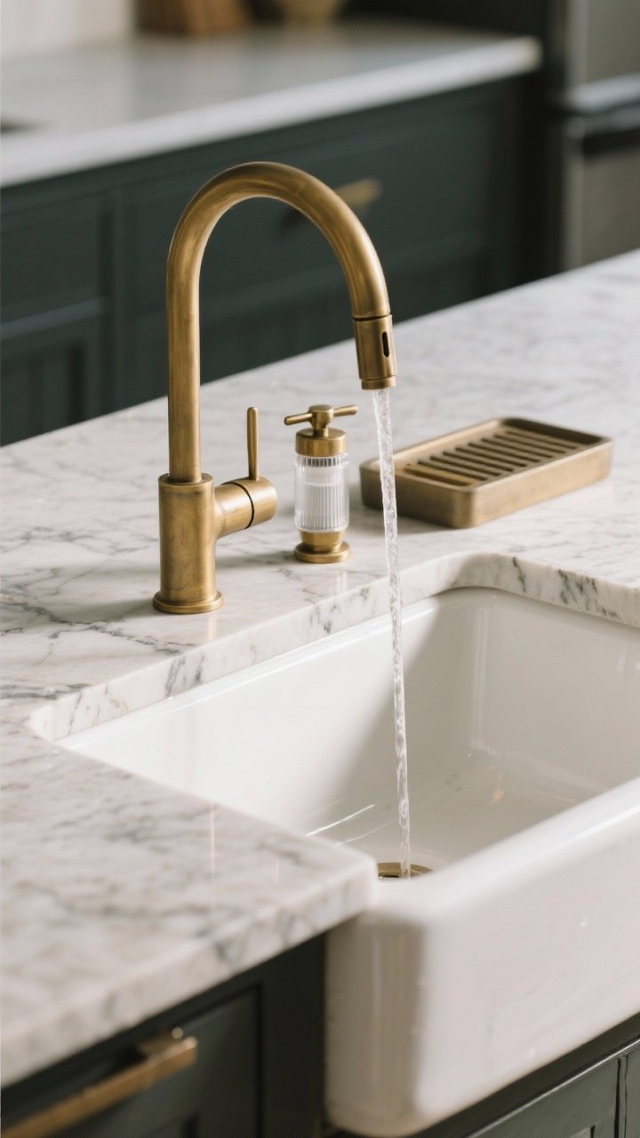 Closeup: A brushed brass high-arc pull-down faucet mounted on the island beside a white fireclay apron-front sink; a separate filtered water tap and integrated drainboard accessory resting on an inset ledge system; subtle reflections on the brass, matte veining on nearby stone; controlled daylight and soft bokeh of the background counter; photorealistic macro.