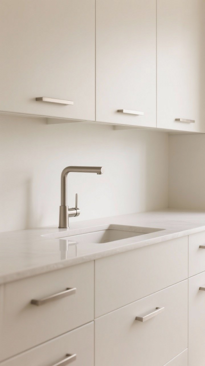 Closeup detail: A straight-on view of streamlined cabinetry with integrated edge pulls or finger grooves, showing uninterrupted matte cabinet faces in warm white. Include a single-hole slim high-arc faucet in brushed nickel over a simple sink, and matching brushed nickel hardware on drawers. Focus on the clean lines, uniform metal finish, and minimal reflections; soft studio-like lighting.