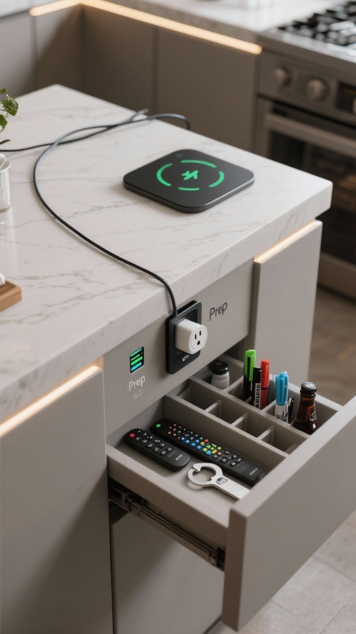 Closeup detail — A tech-forward prep hub corner of an island: a pop-up outlet with USB-C emerges from the counter next to an integrated wireless charging pad. Nearby, a narrow drawer is open slightly to show organized dividers for remotes, markers, and a bottle opener. Subtle under-counter LEDs and voice-controlled smart lighting set to a “Prep” scene; clean cable management keeps the surface clutter-free, modern materials and finishes.