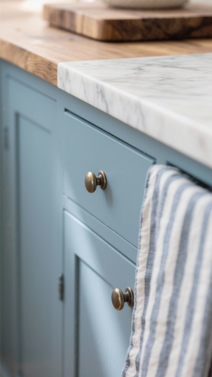 Closeup detail of a dusty French blue cabinet drawer in satin finish with polished nickel cup pull; gray-based blue tone under soft natural daylight; butcher block countertop edge and a slice of honed marble board visible; striped linen tea towel draped for texture; color reads fresh, not baby; shallow depth of field highlighting the charm and airiness.