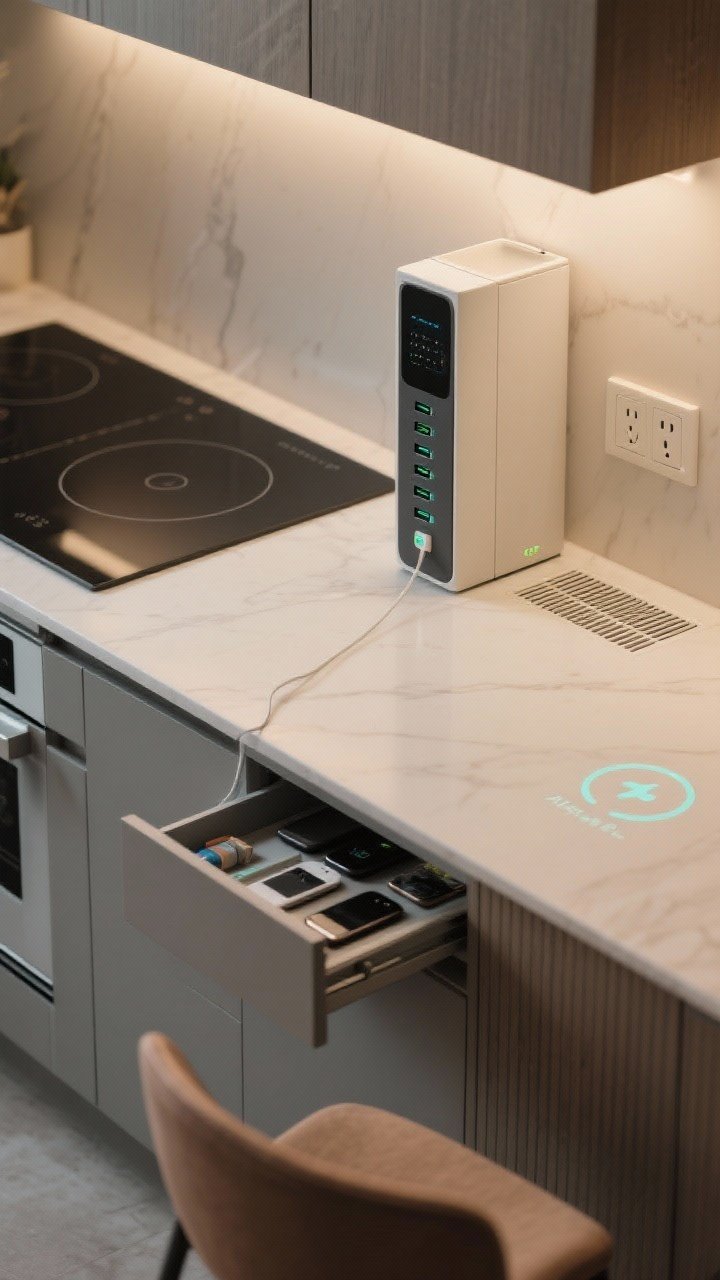 Closeup detail of a tech-savvy island corner: flush pop-up power tower with USB-C extended near seating, a hidden charging drawer slightly open showing organized devices, and a wireless charging symbol subtly embedded in the countertop; tamper-resistant GFCI outlet at the end panel; discreet vent grille for undercabinet ventilation supporting an induction hob; clean, modern finishes with soft warm task lighting; overhead-leaning angle to emphasize integrated tech; no people