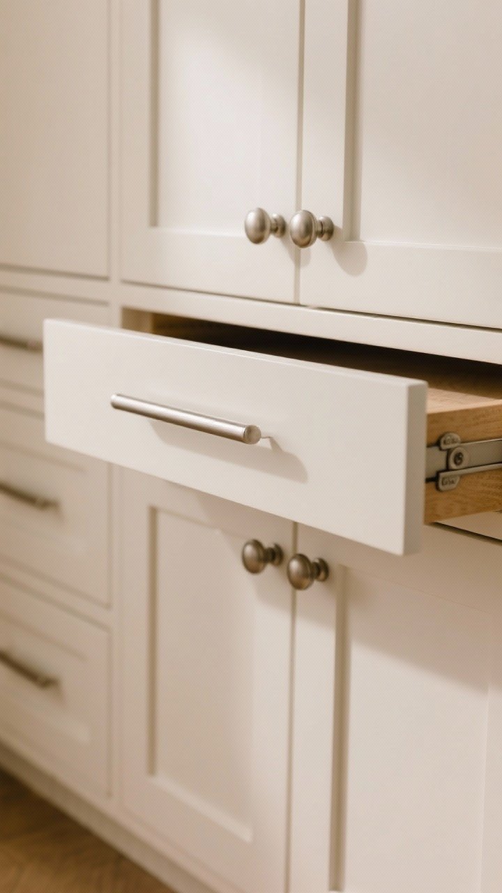 Closeup detail of cabinet hardware on white shaker fronts: slim satin/brushed bar pulls on wide drawers and classic knobs on doors, showing longer pulls on large drawers for ease; consistent style across cabinets, with a glimpse of soft-close hinges and slides; warm, diffused lighting minimizing fingerprints and reflecting quiet luxury.