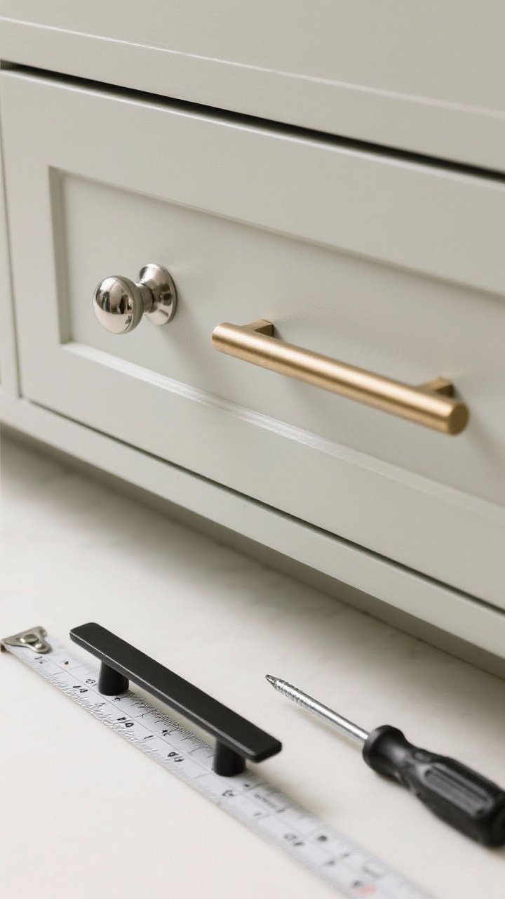 Closeup detail of cabinet hardware swap: a light greige cabinet door with a polished nickel round knob beside a long 8-inch brushed brass pull installed on a wide drawer; a matte black pull set lying on a measuring tape with a screwdriver to imply selection; show both pulls-on-drawers and knobs-on-doors approach; neutral background to emphasize finishes; bright, even lighting to capture metal textures and scale