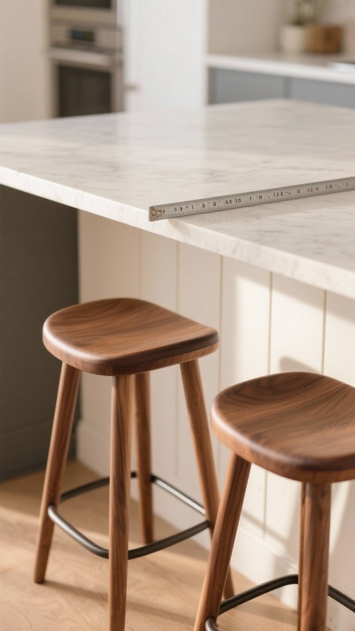 Closeup detail of island seating comfort: a 36-inch-high counter with a 12–15 inch countertop overhang measured by a metal ruler, two low-back counter stools spaced 24 inches center-to-center, waterfall edge that still allows knee clearance; warm walnut stools, soft-touch matte quartz in warm white, diffuse morning light, straight-on knee-level perspective focusing on ergonomics and dimensions