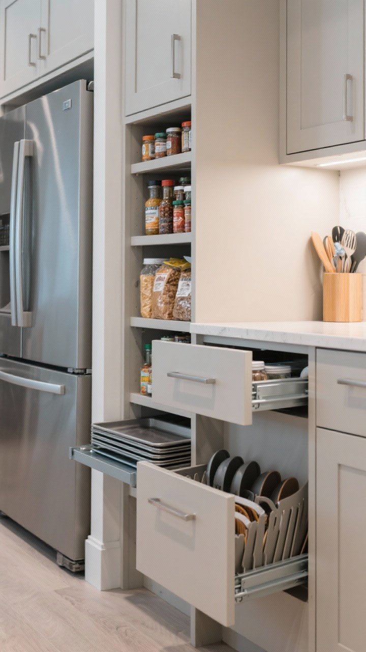 Closeup detail of modern storage solutions: a pull-out pantry loaded with spices and dry goods in narrow space beside a fridge, a toe-kick drawer partially open with sheet pans, and an adjacent drawer with custom dividers for utensils and lids; matte cabinet fronts in a light neutral, soft-close hardware; clean, even task lighting highlighting organization and zero clutter.