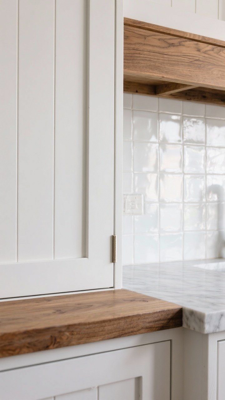 Closeup detail of textured whites complementing rich wood: a section of white beadboard cabinetry meeting a thick oak edge, plus adjacent zellige tile backsplash catching soft, uneven reflections. Include a sliver of honed marble counter to show matte stone texture. Side-lit natural light to reveal tactile surfaces; tight framing on textures and seam lines to convey depth and harmony.