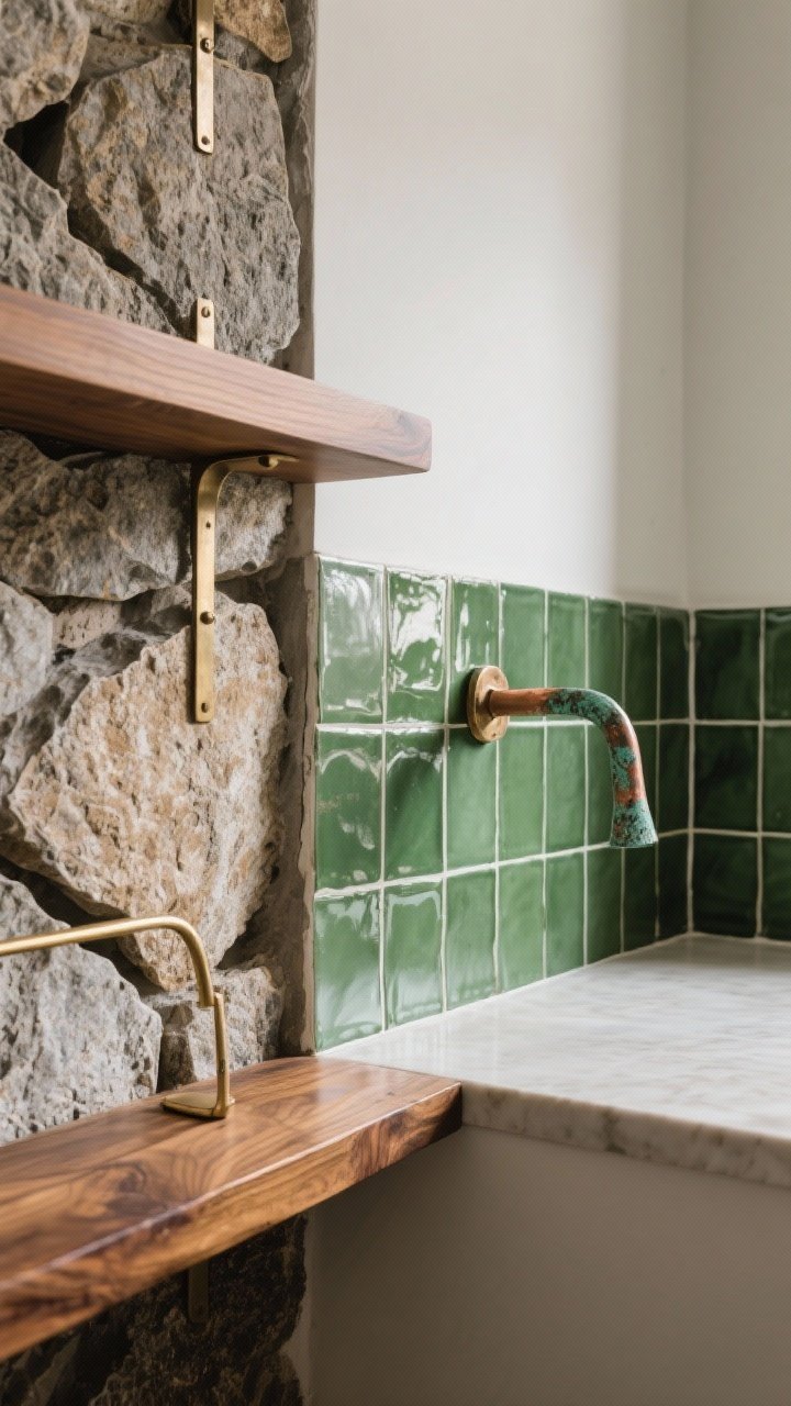 Closeup detail of textures and finishes: rough-hewn stone cladding meeting smooth green zellige backsplash tiles, a teak shelf with visible oiled grain, and metal accents in brushed brass next to a verdigris copper hook. Keep the palette minimal so the texture contrast stands out. Two mixed metal finishes only, with subtle reflections and depth. Side-lit to emphasize surface texture, photorealistic.
