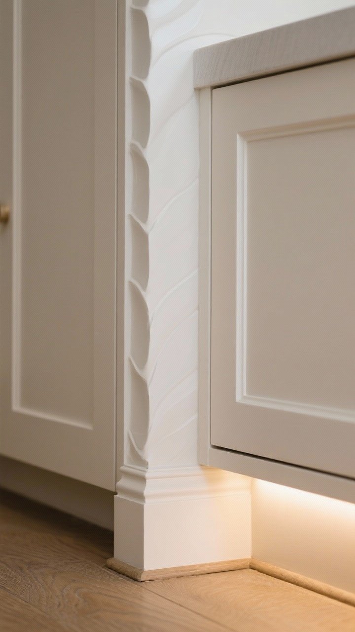 Closeup detail of trim craftsmanship: a filler strip at a wall preventing a cabinet door from rubbing, a finished end panel on an exposed cabinet side for a built-in look, a toe-kick return aligning perfectly, and a slim light rail hiding under-cab LEDs; paint-grade warm white with crisp edges, tight scribed fit against a slightly wavy wall, soft directional lighting accentuating shadow lines.