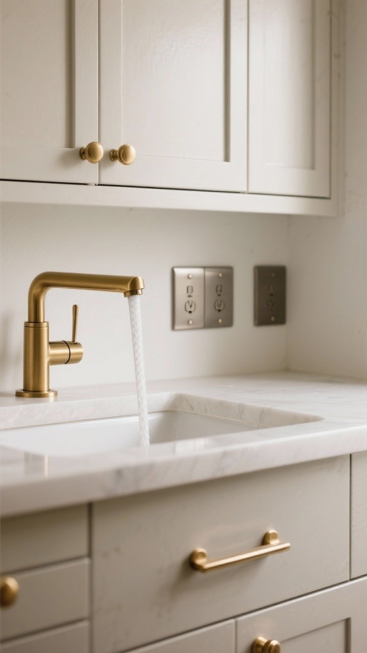 Closeup detail of upgraded hardware and fixtures: cabinet doors with brushed brass knobs and pulls, a sleek pull-down spray faucet in matching brass over a white sink, and modern matte metal switch plates aligned on a nearby wall. Show subtle grain in painted cabinetry, soft reflections on metal, consistent finishes across elements. Warm, controlled lighting; shallow depth of field for a luxe, cohesive feel.