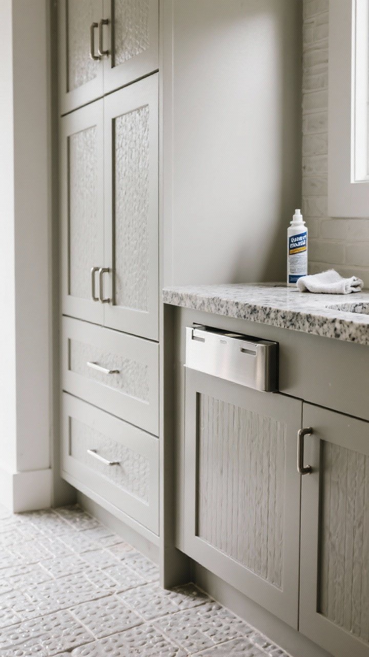 Closeup detail of weatherproof materials: marine-grade polymer (HDPE) cabinet doors with subtle texture, powder-coated aluminum drawer fronts, a granite countertop edge with tight grain, stainless steel hardware with brushed finish, and porcelain paver flooring with slip-resistant texture; a small bottle of sealant and cloth off to the side hinting at maintenance; soft natural daylight highlighting durability and finishes.