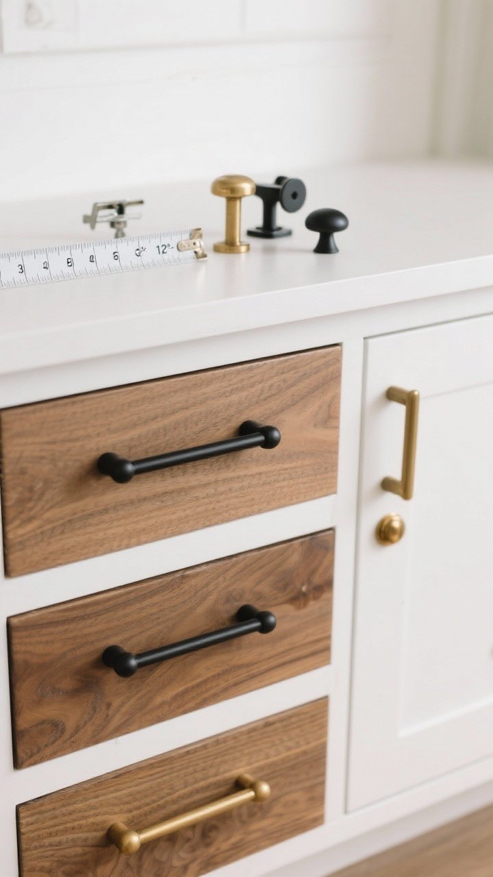 Closeup detail shot: a pair of chic cabinet hardware combinations on white shaker and natural oak drawer fronts—matte black bar pulls (8–12 inches) on wide drawers, brushed brass knobs on doors, and a mixed-metals setup (brass pulls + black knobs). Straight-on angle with soft, even daylight; include a hardware jig and a tape measure showing 3", 4", and 5" center-to-center spacing. Photorealistic textures of brushed brass, warm gold, and matte black finishes.