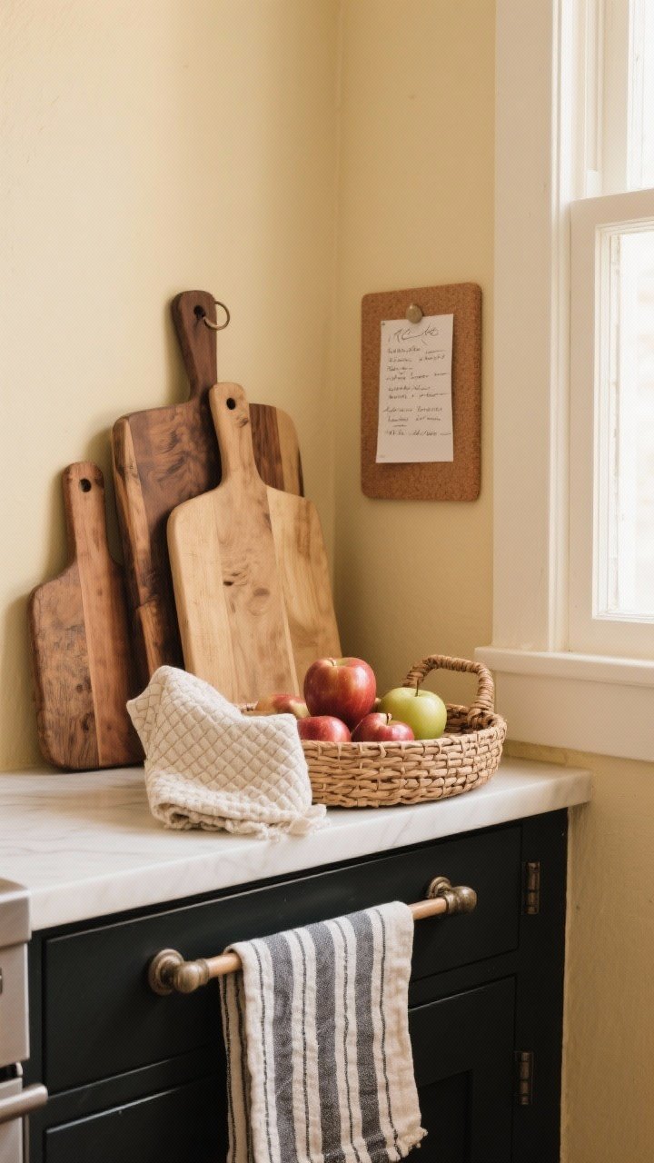 Closeup detail shot: a small kitchen vignette layering textures—stacked wood cutting boards leaning against a warm cream wall, a woven rattan tray holding shiny apples, soft linen and cotton waffle dish towels draped over a matte black cabinet pull, a striped mini runner peeking at the bottom of frame, and a petite cork board pinned with a handwritten recipe. Soft warm natural window light, shallow depth of field emphasizing the mixed materials, cozy and tactile.