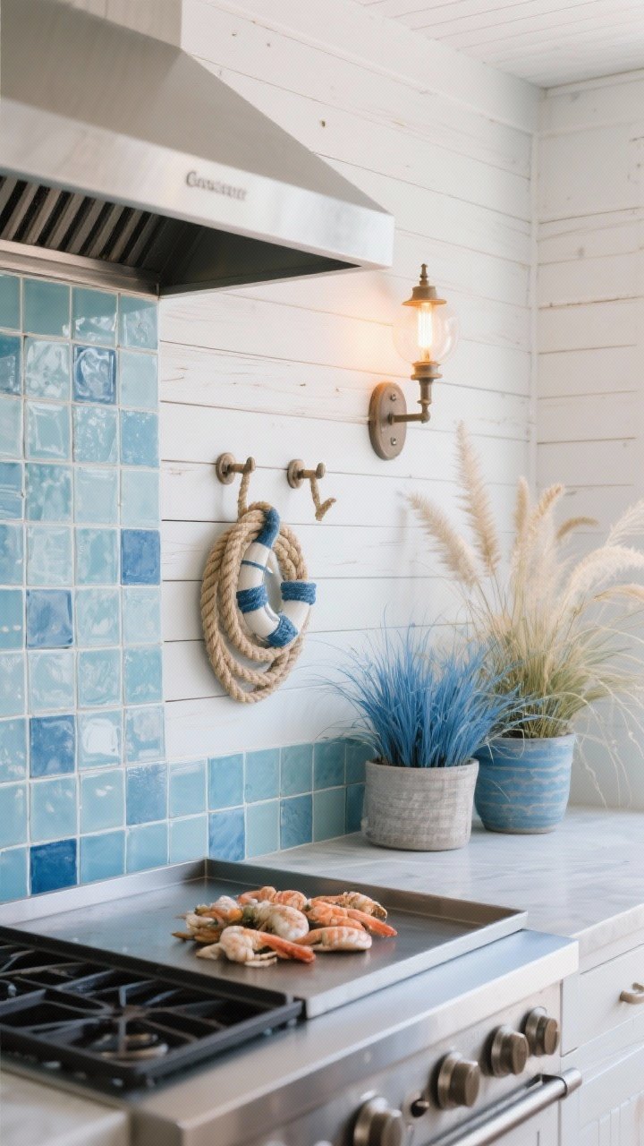 Closeup detail shot: coastal breeze cookout backsplash and accessories—whitewashed wood paneling, watery blue zellige mosaic tiles with subtle variation, rope accents coiled neatly on hooks, nautical-style sconces with warm LED bulbs casting a gentle glow on a flat-top griddle surface prepped for seafood, nearby planters with blue fescue and feather reed grass suggesting dune movement, airy seaside palette, photorealistic, no people.