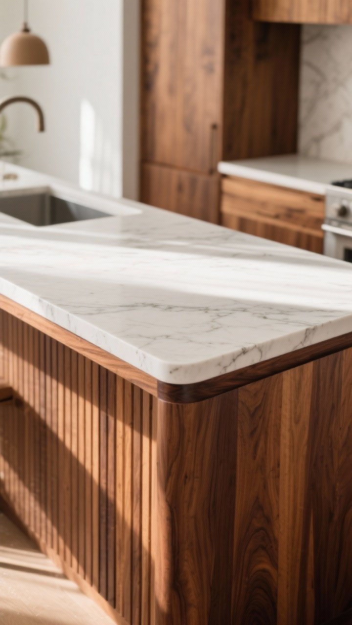 Closeup detail shot of a kitchen island wrapped in warm wood tones, featuring a walnut waterfall edge that continues down both sides, vertical wood slat paneling on the island base, and a polished white marble countertop for mixed-material contrast; soft natural daylight grazing the grain, subtle dings with a well-finished durable sheen, no people, photorealistic.
