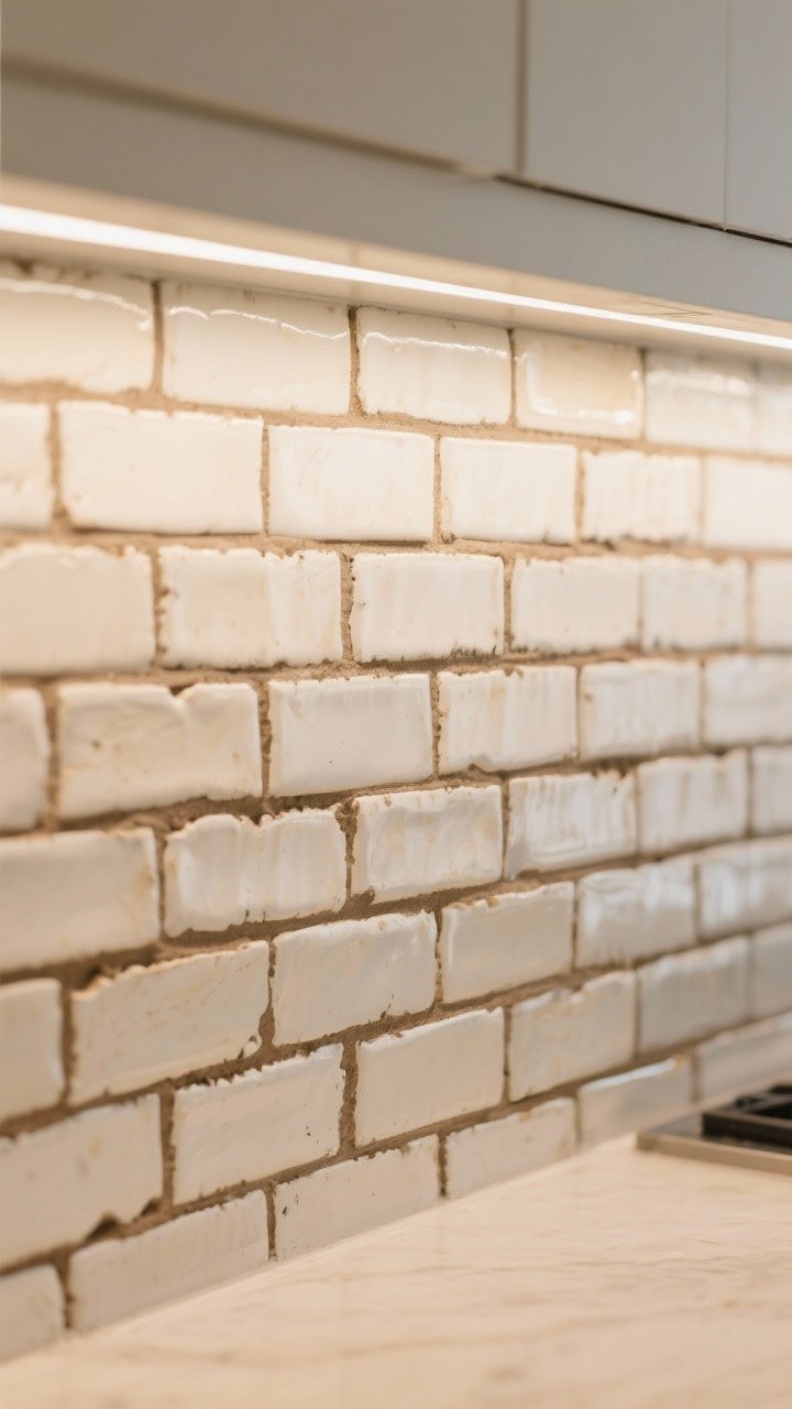 Closeup detail shot of a rustic handcrafted subway tile backsplash with slightly uneven, handmade edges and subtle glaze variation in warm white/creamy tones, offset brick pattern with contrasting mushroom/taupe grout emphasizing the irregular edges; soft natural under-cabinet lighting catching the imperfect surface, matte finishes, no people, photorealistic.