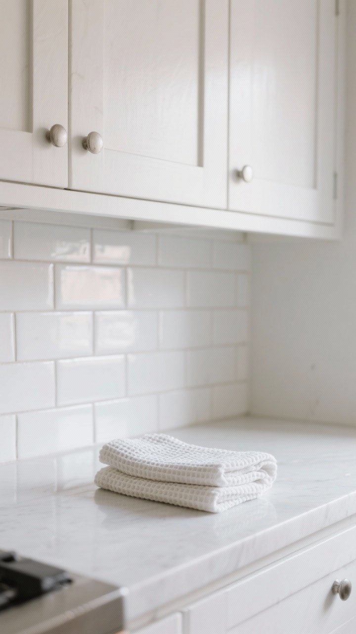 Closeup detail shot of a white-on-white kitchen vignette highlighting layered textures: matte white Shaker cabinet fronts beside a glossy white handmade-look subway tile backsplash with subtle variation, soft natural light grazing the surfaces to reveal satin, matte, and gloss finishes; include folded white linen and waffle-weave hand towels on a simple white counter for tactile contrast; no people, photorealistic, quiet and cozy mood.