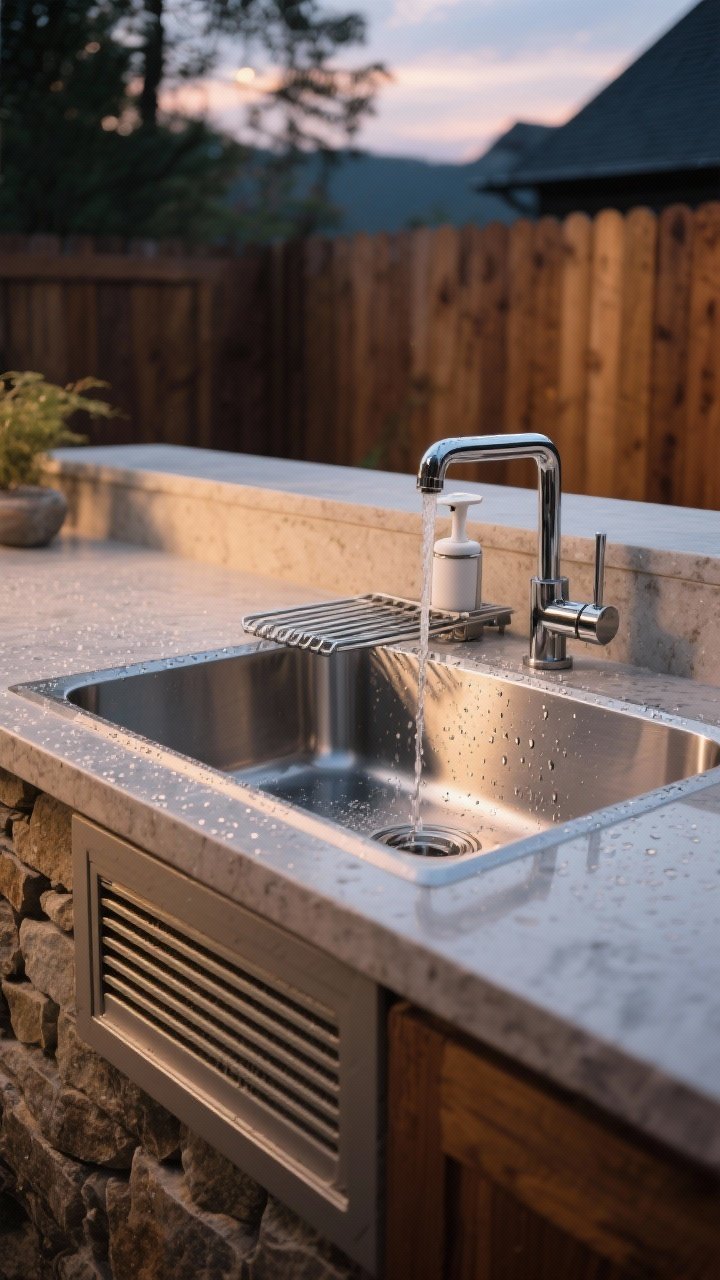 Closeup detail shot of an outdoor sink station on a stone countertop at dusk, featuring a deep stainless steel basin with a pull-down sprayer, built-in soap dispenser, and integrated drying rack; subtle water droplets on the steel, frost-proof plumbing hardware visible beneath a vented panel; warm ambient evening light with soft reflections on the stainless, background blurred cedar fencing in a natural wood stain