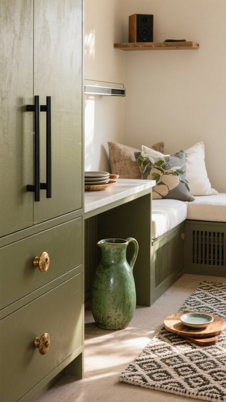 Closeup detail shot of finishing touches: black powder-coated pulls on muted olive cabinetry next to an unlacquered brass knob beginning to patina; outdoor performance fabrics in eucalyptus, stone, and ivory on nearby cushions; a flatweave recycled PET rug with a subtle geometric pattern underfoot; green glazed pitcher, stoneware plates, and wooden serving boards styled on the counter; a slimline heater discreetly along a wall and a small speaker on a shelf in the background; warm late-afternoon light highlighting textures.