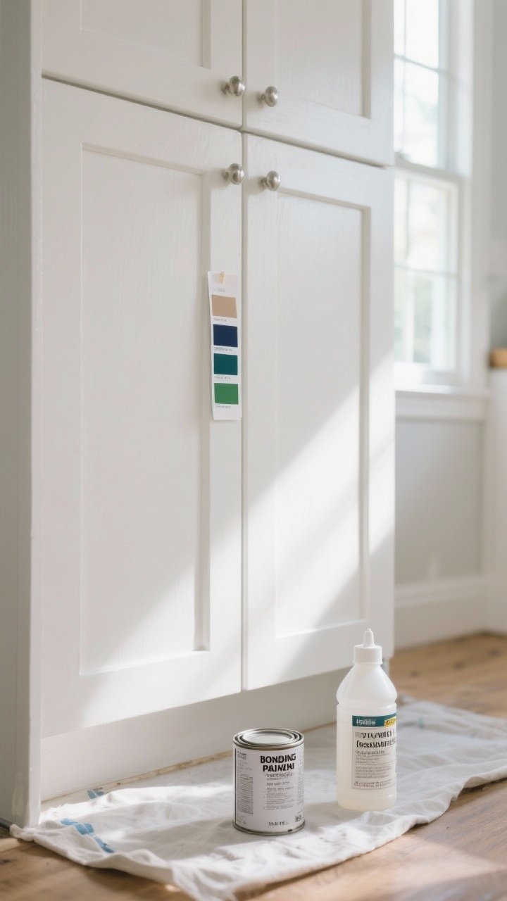 Closeup detail shot of freshly painted kitchen cabinet doors in soft white with a satin finish, natural daylight from a nearby window revealing a smooth, deglossed and primed surface; include a small paint swatch card taped to the door edge showing warm greige, moody navy, and forest green test swatches; a labeled bonding primer can and a liquid deglosser bottle sit on a drop cloth below; clean, modern shaker-style doors, no people, photorealistic.