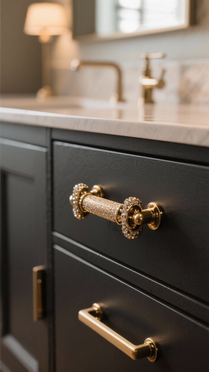 Closeup detail shot of hardware “jewelry” on a dark cabinet drawer: brushed brass or polished nickel oversized pulls catching light on a warm black or charcoal front; alternative slim finger pull visible on an adjacent door; finish coordinated with a matching faucet or nearby light fixture in the blurred background; soft, directional light to show micro-shimmer; photorealistic.
