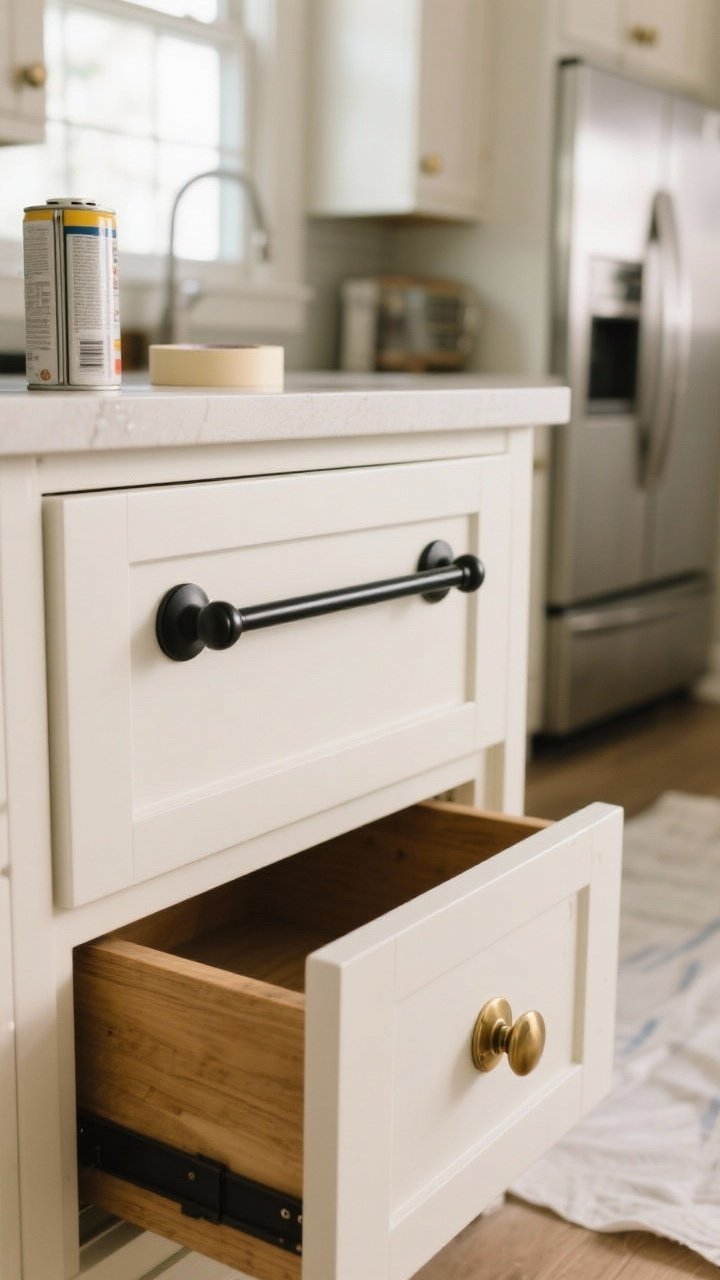 Closeup detail shot of newly installed cabinet hardware in a small kitchen: oversized 8-inch bar pulls in matte black on warm white shaker doors, mixed with a few brushed brass knobs on a natural wood drawer stack; stainless steel appliances in the background for a mixed-metal, intentional look; soft natural window light with gentle reflections; include a can of painter’s tape and a neatly laid drop cloth at the edge to hint at a DIY swap; photorealistic, shallow depth of field emphasizing the texture and finish of the hardware.